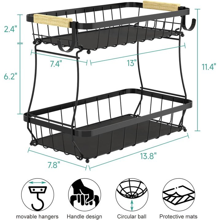 TECHVIDA 2 Tier Fruit Basket for Kitchen with 2 Banana Hangers, Detachable Metal Fruit Bowl for Kitchen Counter for Fruit and Vegetable Storage, Large Capacity Tiered Fruit Tray