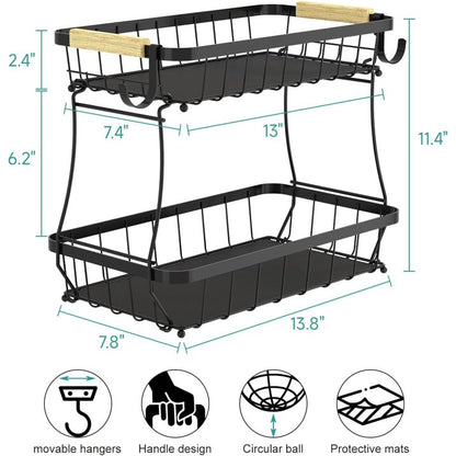 TECHVIDA 2 Tier Fruit Basket for Kitchen with 2 Banana Hangers, Detachable Metal Fruit Bowl for Kitchen Counter for Fruit and Vegetable Storage, Large Capacity Tiered Fruit Tray