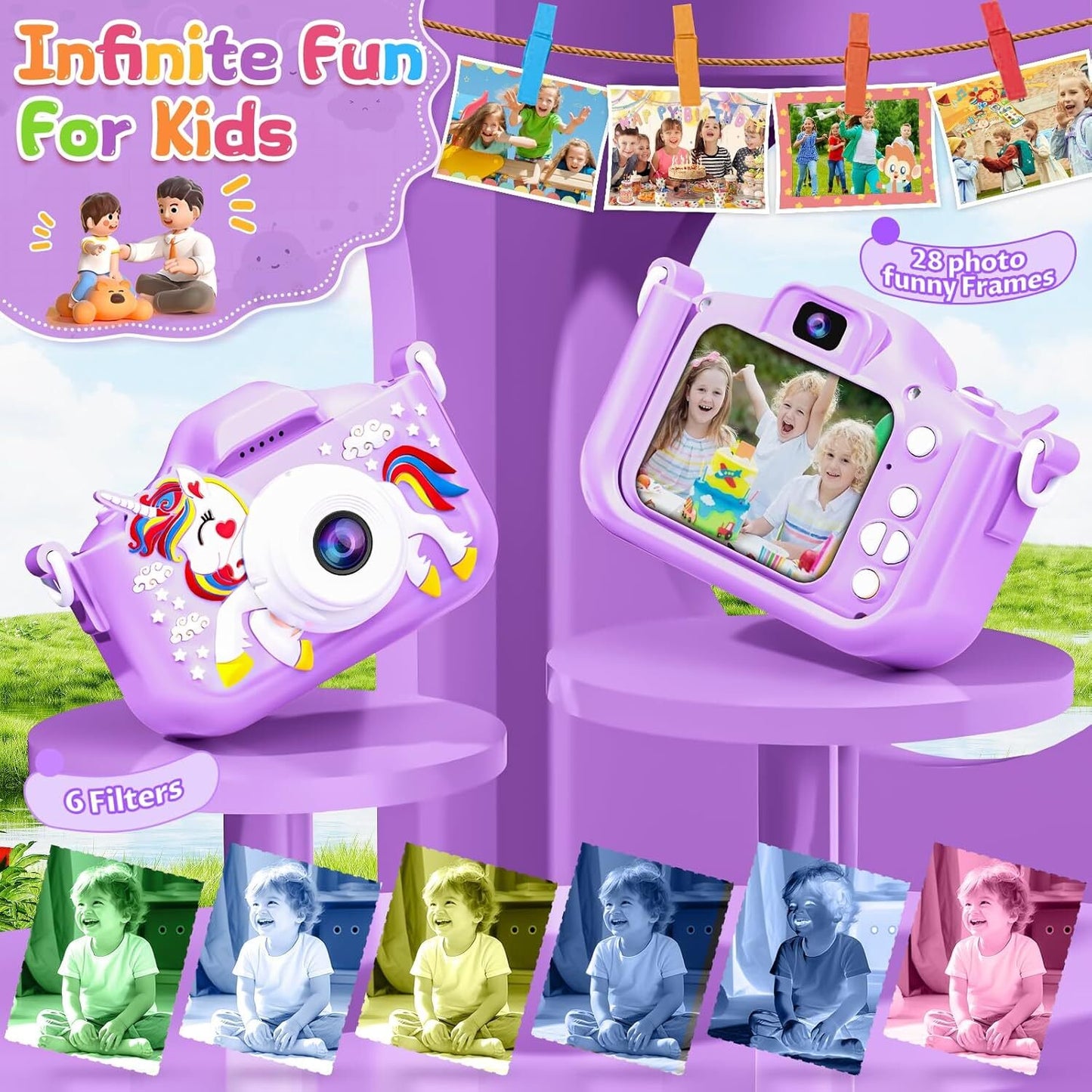 1080P Kids Camera for Girls, Portable Toddler Digital Selfie Camera with 64G SD Card and Cute Protective Cover, Christmas Birthday Gifts Toys for 3-10 Years Kids