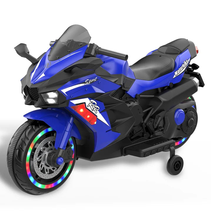 NH 12V Ride on Toys for Kids, Motorcycle with Training Wheels, Electric Motorcycle with Music, Bluetooth, Lights, Blue