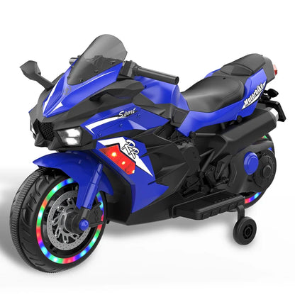 NH 12V Ride on Toys for Kids, Motorcycle with Training Wheels, Electric Motorcycle with Music, Bluetooth, Lights, Blue