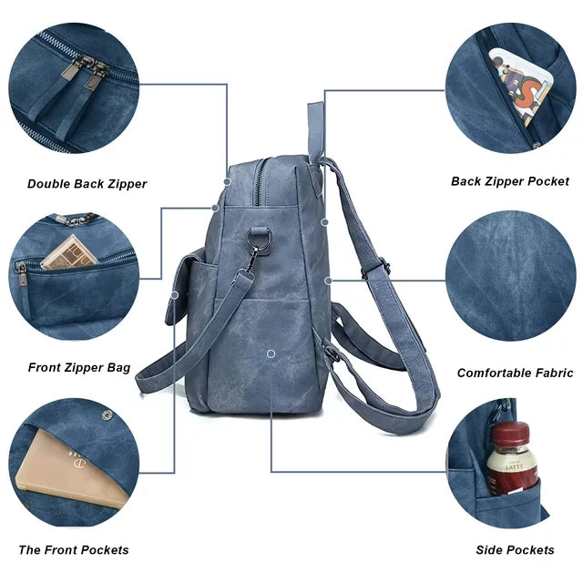 HONGLONG Leather Purse Backpack for Women, Travel Handbag Backpack Purse Shoulder Bags Blue