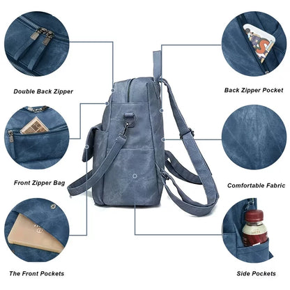 HONGLONG Leather Purse Backpack for Women, Travel Handbag Backpack Purse Shoulder Bags Blue