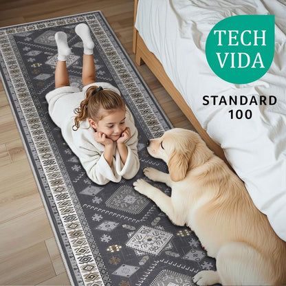TECHVIDA 2'x8' Hallway Runner Rug Boho,Non Slip Machine Washable Rugs for Hallway Kitchen,Dark Grey