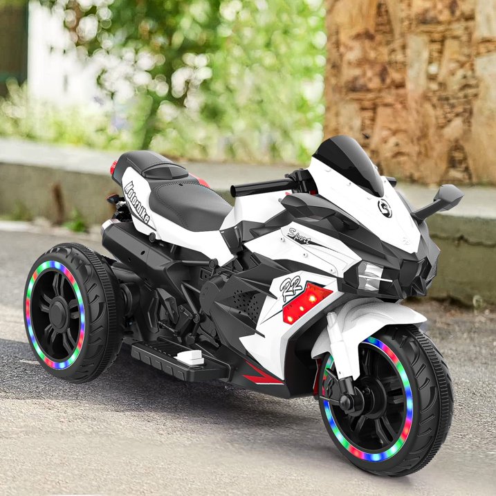 Zogymoz 12V Powered Ride on Motorcycle, Electric Dirt Bike for Kids Boys Girls, Motorbike Motorcycle Ride on Toy w/ Music and LED Light for 3-8 Years Old, White