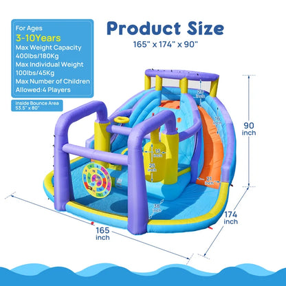 Oversized Infltable Water Slide, Large Water Bounce House with 750W Blower and 2 Water Slides, 175" x 165" x 90"