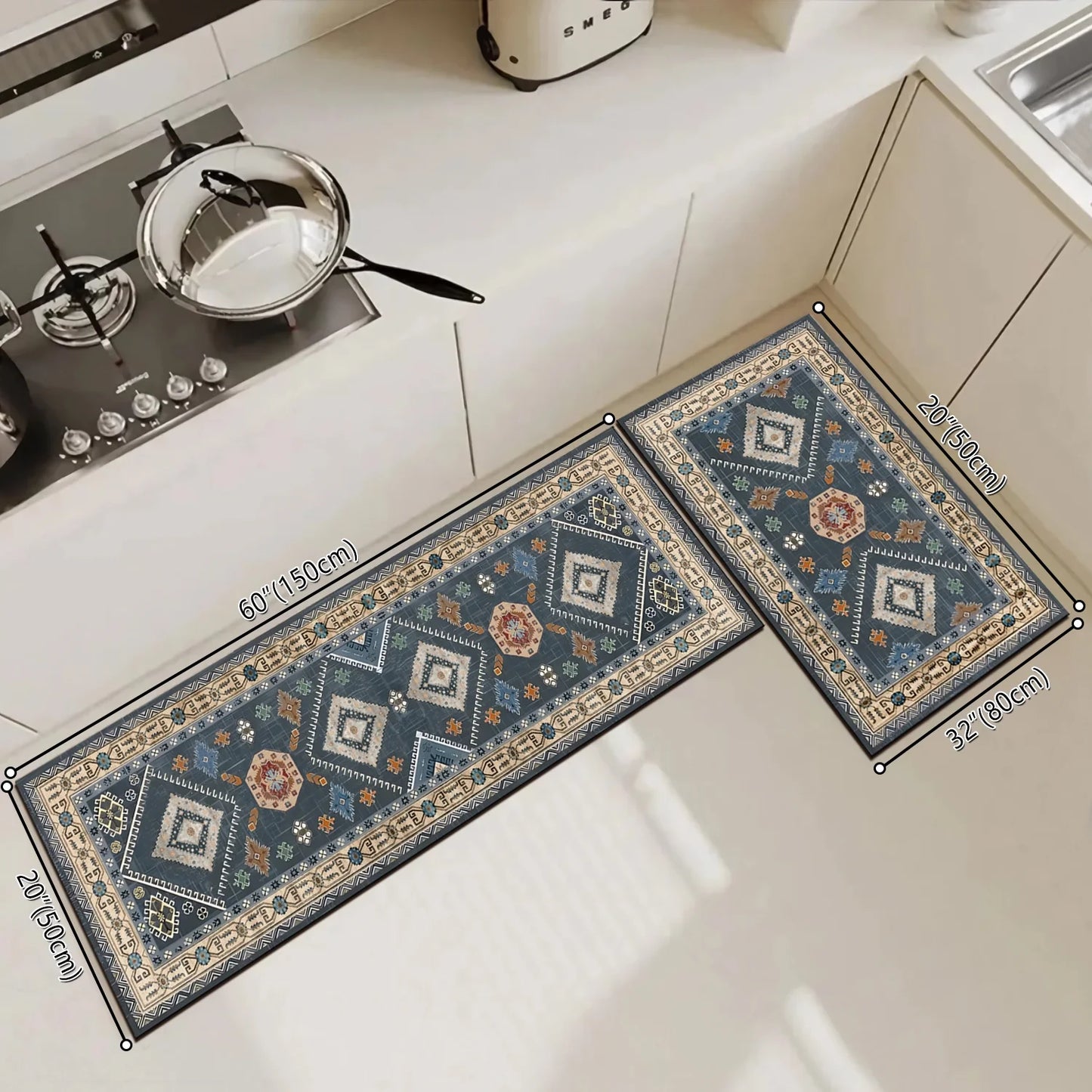 FoxHouse Kitchen Rugs 2 Piece Set,Washable Non Slips Boho Kitchen Floor Mat,Thickness Comfort Standing Mat for Kitchen,Dark Blue