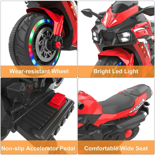 HONGLONG 12V Kids Ride on Motorcycle, 2 Wheels Motorbike for Kids with Training Wheels, Lights, Music Red