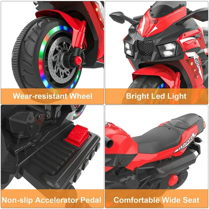 HONGLONG 12V Kids Ride on Motorcycle, 2 Wheels Motorbike for Kids with Training Wheels, Lights, Music Red