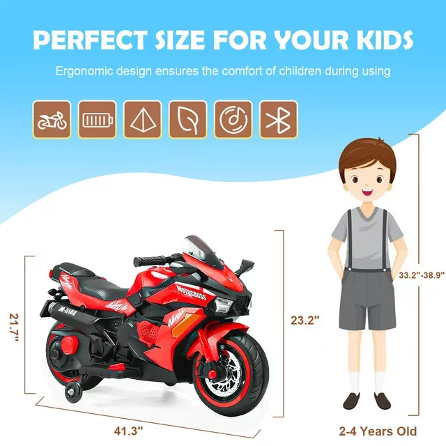Spoway 12V Kids Ride on Motorcycle, Electric Battery Powered Ride On Motorcycle 3-6 Years Boy Girls, Light Wheel and PU Seat, Bluetooth, Mp3-Red