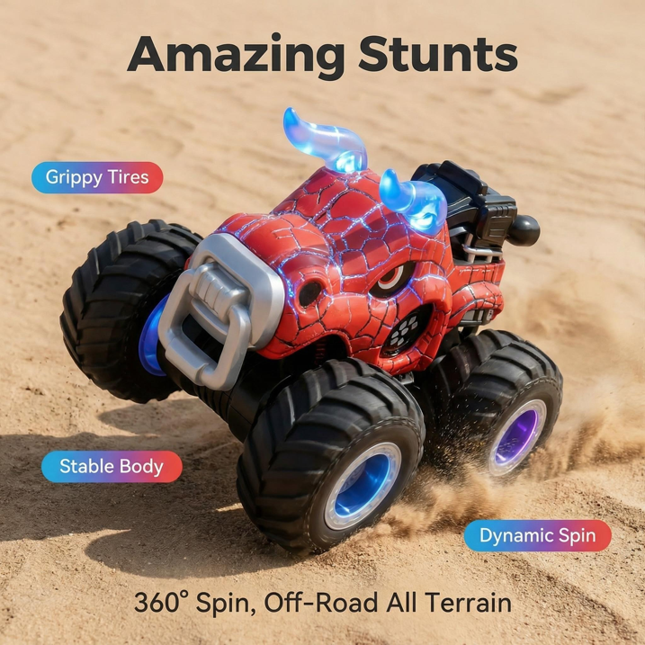 HNH 1:18 RC Monster Trucks Remote Control Car for Kids, 360°Rotating All Terrain RC Stunt Car with Light & Music, Cow-Red