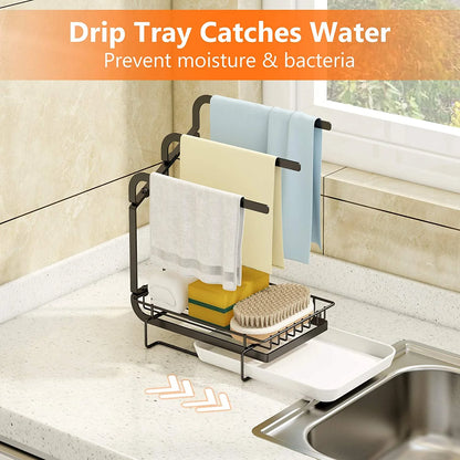 WERSEON Sink Caddy Sponge Holder, Stainless Steel Kitchen Sink Organizer for Dish Rag Soap Brush,Dishcloth Holder with Drain Pan
