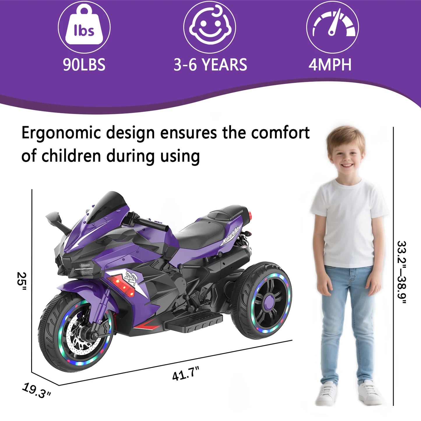 HNH 12V Electric Motorcycle for Kids, Powered Ride on Toys, 3 Wheels Motorcycle with LED Lights, Bluetooth Music, Violet