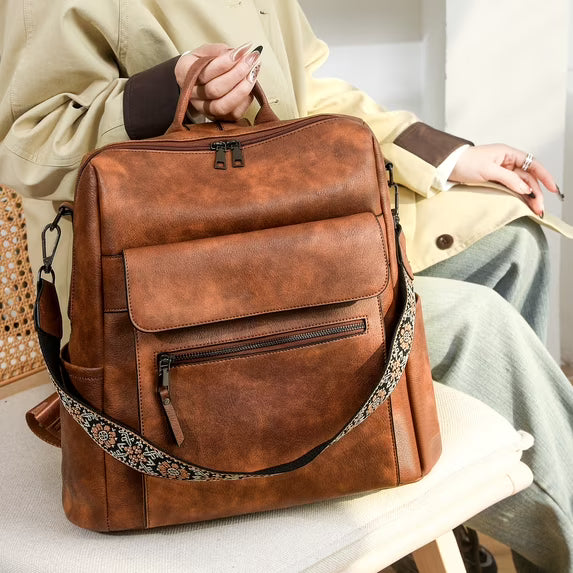 HONGLONG PU Leather Backpack Purse for Women Large Fashion Designer Travel Backpack Ladies Shoulder Bag - Brown
