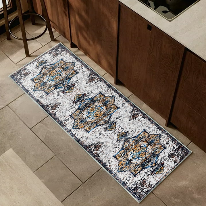 TECHVIDA Kitchen Rugs 4 Piece Set,Non Slip Machine Washable Kitchen Mats,Boho Vintage Abstract Kitchen Carpet for Farmhouse Living Room Hallway