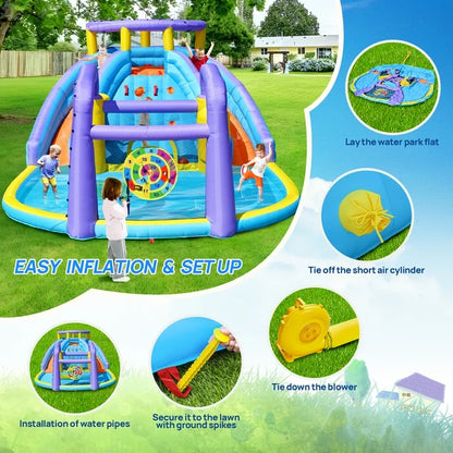 Oversized Infltable Water Slide, Large Water Bounce House with 750W Blower and 2 Water Slides, 175" x 165" x 90"