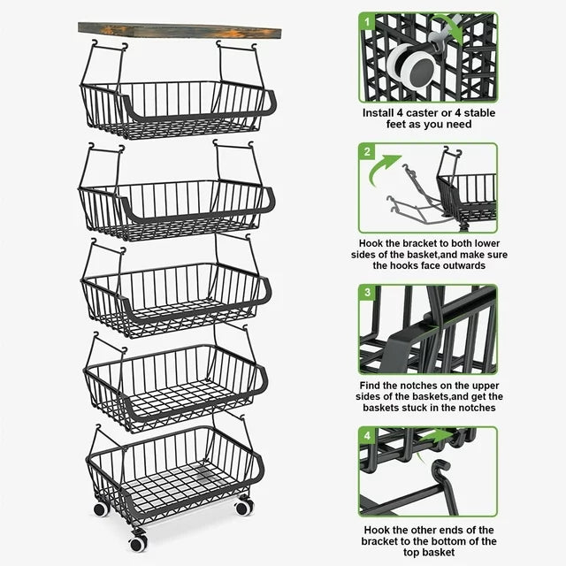 Werseon 6-Tier Fruit Basket Rack, Stackable Wire Basket Cart with Solid Wood, Kitchen Vegetable Storage&Organization