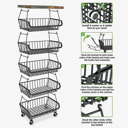 Werseon 6-Tier Fruit Basket Rack, Stackable Wire Basket Cart with Solid Wood, Kitchen Vegetable Storage&Organization