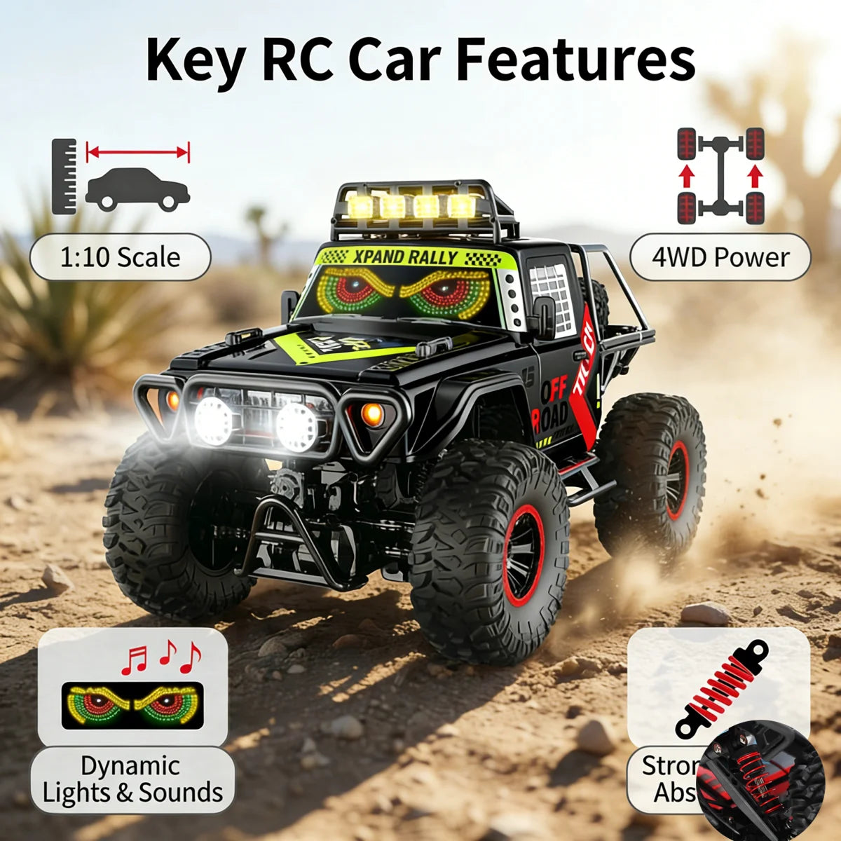 HNH 1:10 Scale 4WD Remote Control Car for Kids, 2.4GH Rc Car Off Road Monster Truck with LED Light, 2 Batteries, 25KM/H