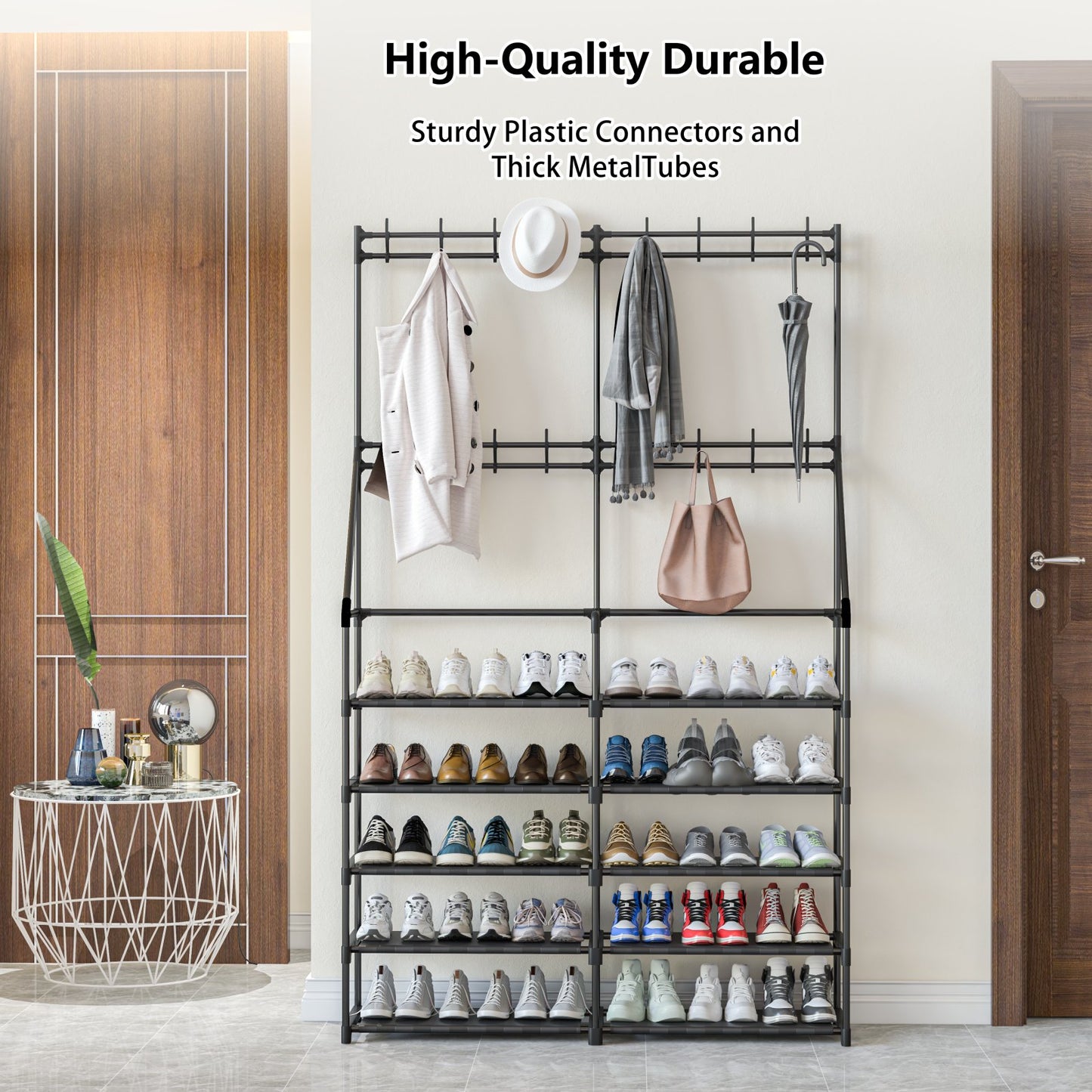 TECHVIDA Shoe Rack,Shoe Organizer 5-Tier,Coat Rack with Shoe Storage Coat Rack,16 Hooks,50 Pairs Shoe Shelf for Entryway,Black
