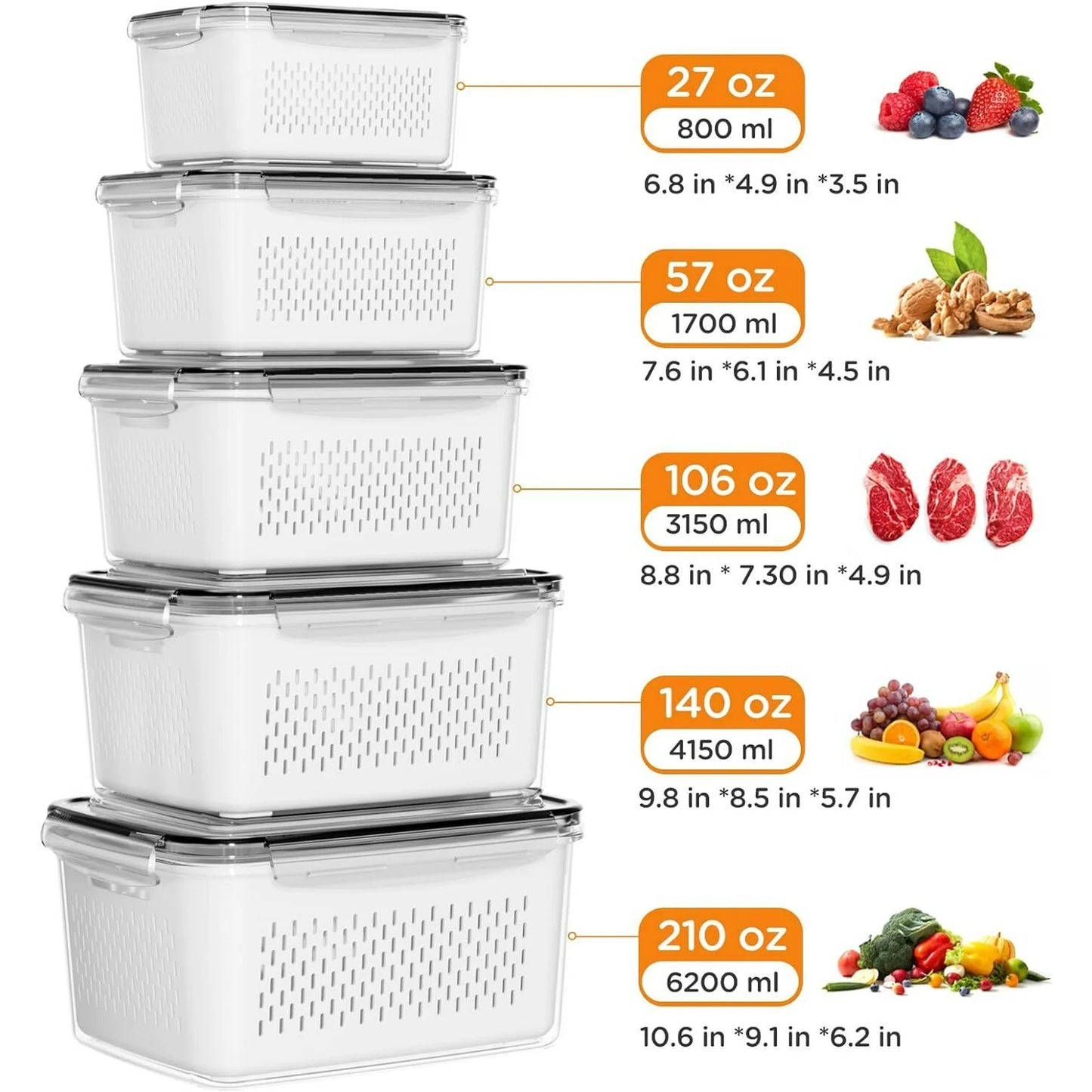 WERSEON 5 Pack Airtight Food Storage Containers for Fridge, 16L Pantry Kitchen Storage Containers with Lids, Freezer Safe Fruit Containers with Draining Basket