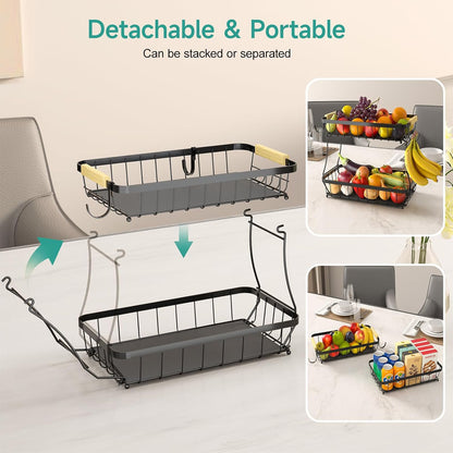 TECHVIDA 3 Tier Fruit Basket for Kitchen with 2 Banana Hangers, Detachable Metal Fruit Bowl for Kitchen Counter for Fruit and Vegetable Storage, Banana Holder for Bread Snack Organizer