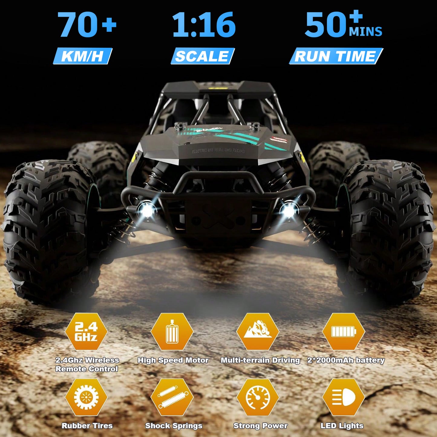 HNH 1:16 RC Monster Trucks for Kids and Adults, 70Km/H High Speed Remote Control Truck,All Terrains RC Truck (2 Battery)
