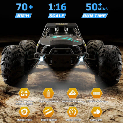 HNH 1:16 RC Monster Trucks for Kids and Adults, 70Km/H High Speed Remote Control Truck,All Terrains RC Truck (2 Battery)