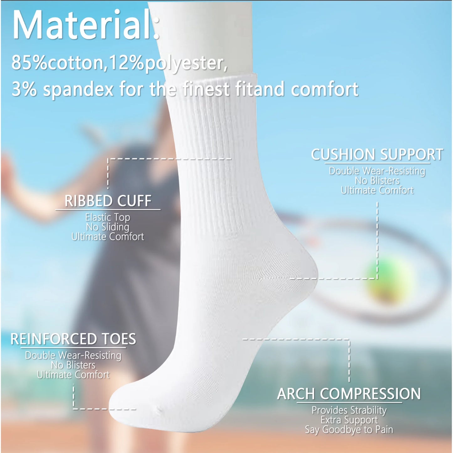 YOMYM 8 Pairs Men's Cotton Crew Socks, Athletic Calf Socks Cushioned Breathable Crew Socks for Men Women, White